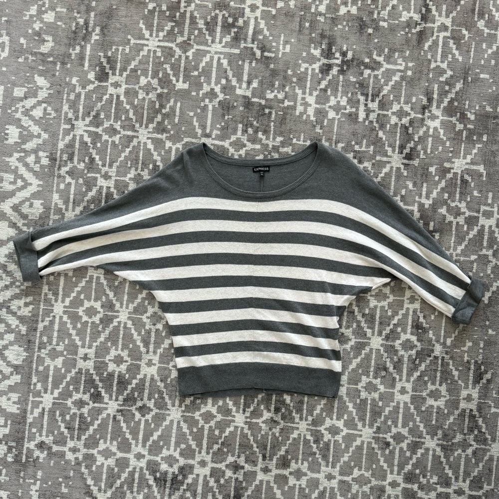 Express Gray Ivory Striped Dolman Sleeve Sweater XS